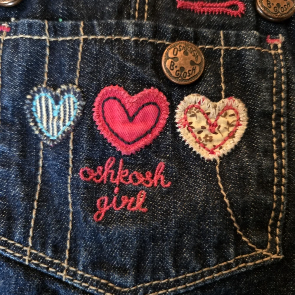 OshKosh B'Gosh dark blue denim overalls with applique patchwork hearts